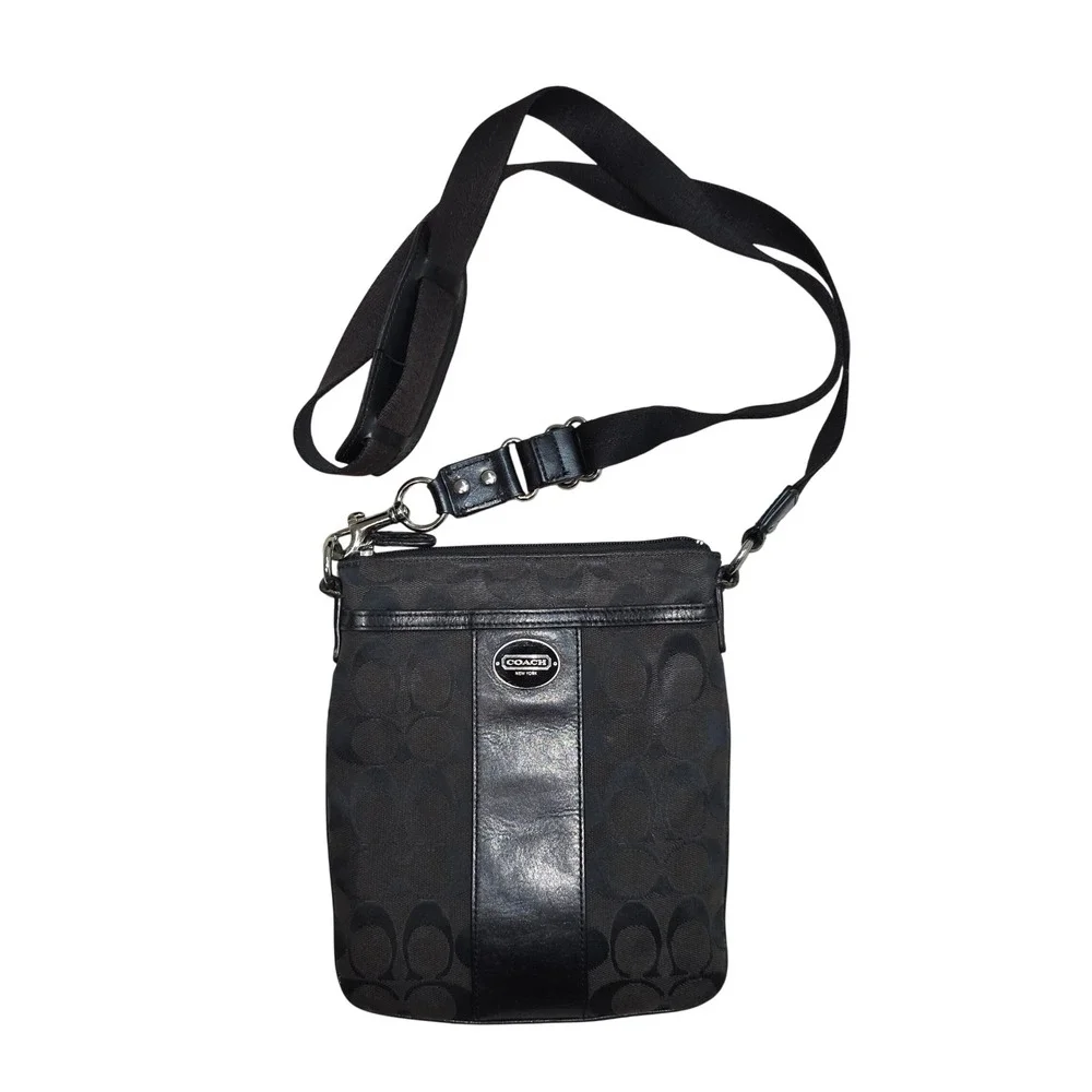 Coach Signature C Black Jacquard Leather Trim Crossbody Bag Messenger